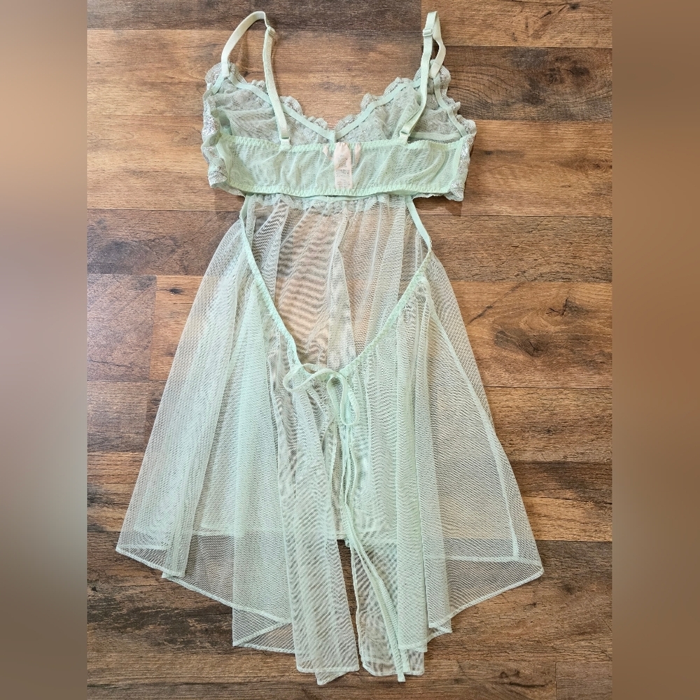 Victoria's Secret Women's Mint Blue Silver Floral Lace Babydoll Lingerie Size M - Picture 9 of 11